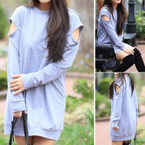 Fashion Hollow Out Long Sleeve Round Neck Sweatshirt Dress