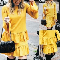 Fashion Solid Color Long Sleeve Round Neck Ruffle Dress