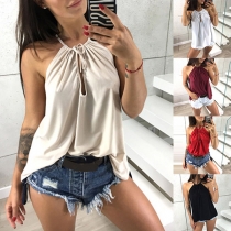 Fashion Solid Color Sleeveless Round Neck Chiffon Top