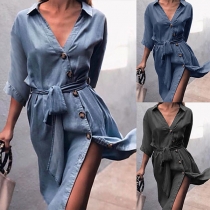 Fashion Lapel Collar Single-breasted with Waistband Slim Fit Dress
