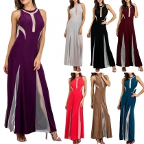 Sexy See-through Gauze Spliced Sleeveless Round Neck Party Dress