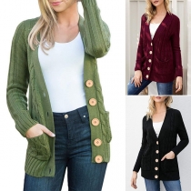 Fashion Solid Color Long Sleeve V-neck Knit Cardigan 
