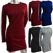 Fashion Contrast Color Long Sleeve Round Neck Slim Fit Dress