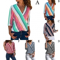 Fashion Long Sleeve V-neck Striped Blouse 