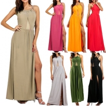 Sexy Backless SLit Hem High Waist Solid Color Party Dress
