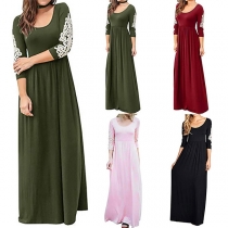 Fashion Lace Spliced 3/4 Sleeve Round Neck High Waist Maxi Dress
