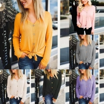 Fashion Solid Color Long Sleeve V-neck Knit Cardigan