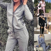 Fashion Contrast Color Long Sleeve Hooded Sweatshirt Coat + Pants Sports Suit