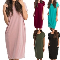Fashioon Solid Color Short Sleeve Round Neck Loose Dress
