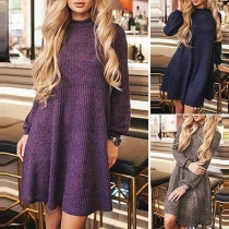 Fashion Solid Color Long Sleeve Round Neck Knit Dress
