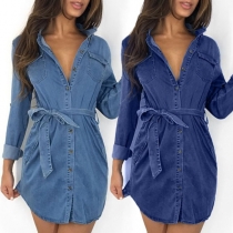 Fashion Long Sleeve POLO Collar Denim Shirt Dress with Waist Strap
