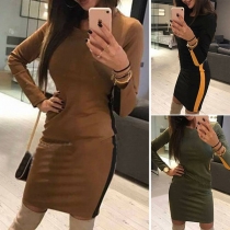 Fashion Contrast Color Long Sleeve Round Neck Slim Fit Dress