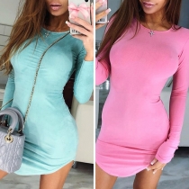 Simple Style Long Sleeve Round Neck Solid Color Slim Fit Dress