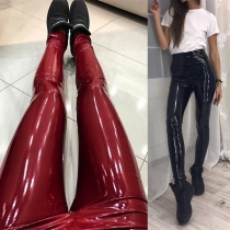 Mode enfärgad hög midja Slim Fit PU-läderbyxor