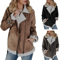 Fashion Contrast Color Long Sleeve Oblique Zipper Faux Suede Coat