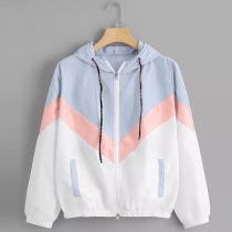 Fashion Contrast Color Long Sleeve Hooded Sweatshirt Coat