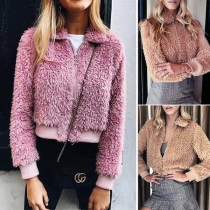 Fashion Solid Color Long Sleeve Stand Collar Plush Coat