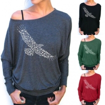 Fashion Long Sleeve Oblique Shouder Eagle Printed T-shirt