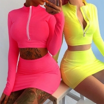 Fashion Solid Color Long Sleeve Slim Fit Chop Top + Over-hip Short Skirt Two-piece Set