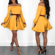 Sexy Off-shoulder Boat Neck Long Sleeve High Waist Dress