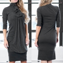 Fashion High Neck Wave Points Fabric Spliced Slim Fit Dress