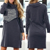 Fashion High Neck Oblique Fabric Spliced Long Sleeve Slim Fit Dress