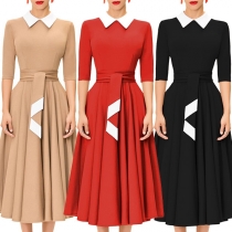 Fashion Lapel Collar Short Sleeve Girdling Pleated Hem Long Dress