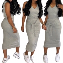 Fashion V-neck Self-tie Slim-fit Sleeveless Dress