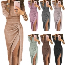 Sexy Off-shoulder Boat Neck Slit Hem High Waist Party Dress