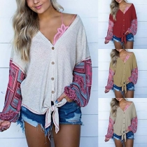 Fashion Printed Spliced Long Sleeve V-neck Loose Cardigan