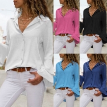 Fashion Solid Color Trumpet Sleeve POLO Collar Chiffon Shirt