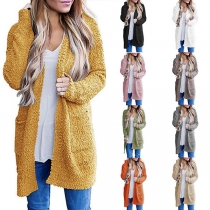 Fashion Solid Color Long Sleeve Front Pocket Knit Cardigan