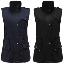Fashion Solid Color Stand Collar Drawstring Waist Vest