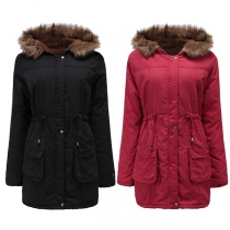 Fashion Solid Color Faux Fur Spliced Hooded Plush Lining Padded Coat