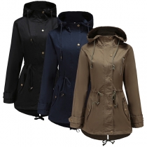 Fashion Solid Color Long Sleeve Drawstring Waist Hooded Windbreaker