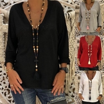 Fashion Solid Color Long Sleeve V-neck Loose T-shirt