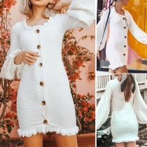 Fashion Lantern Sleeve Ruffle Hem Single-breasted Slim Fit Dress