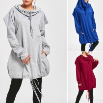 Chic Style Dolam Sleeve Drawstring Hem Hooded Loose Sweatshirt