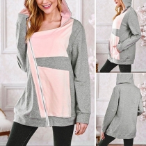 Fashion Contrast Color Long Sleeve Oblique Zipper Hooded Sweatshirt
