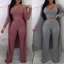 Fashion Sleeveless Crop Top + High Waist Pants + Long Sleeve Cardigan Three-piece Set 