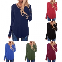 Simple Style Long Sleeve V-neck Arc Hem Solid Color T-shirt 