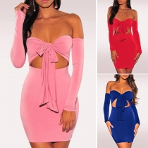 Sexy Off-shoulder Long Sleeve Hollow Out High Waist Tight Dress