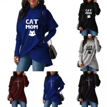 Fashion Printed Long Sleeve Irregular Hem Hoodie 