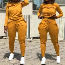 Fashion Solid Color Long Sleeve Ruffle Sweatshirt + Pants Two-piece Set 