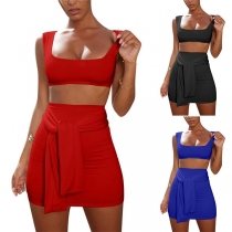 Sexy Sleeveless Crop Top + High Waist Skirt Two-piece Set