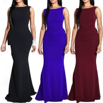 Sexy Backless Sleeveless Round Neck Ruffle Evening Dress