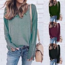 Fashion Solid Color Zipper Long Sleeve Round Neck Loose Sweatshirt