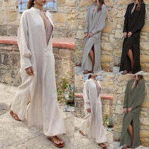 Sexy Deep V-neck Slit Hem Long Sleeve Solid Color Maxi Dress