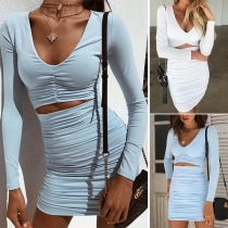 Sexy Deep V-neck Hollow Out High Waist Long Sleeve Tight Dress