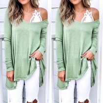  Fashion Solid Color Oblique-shoulder Long Sleeve Irregular Hem Top